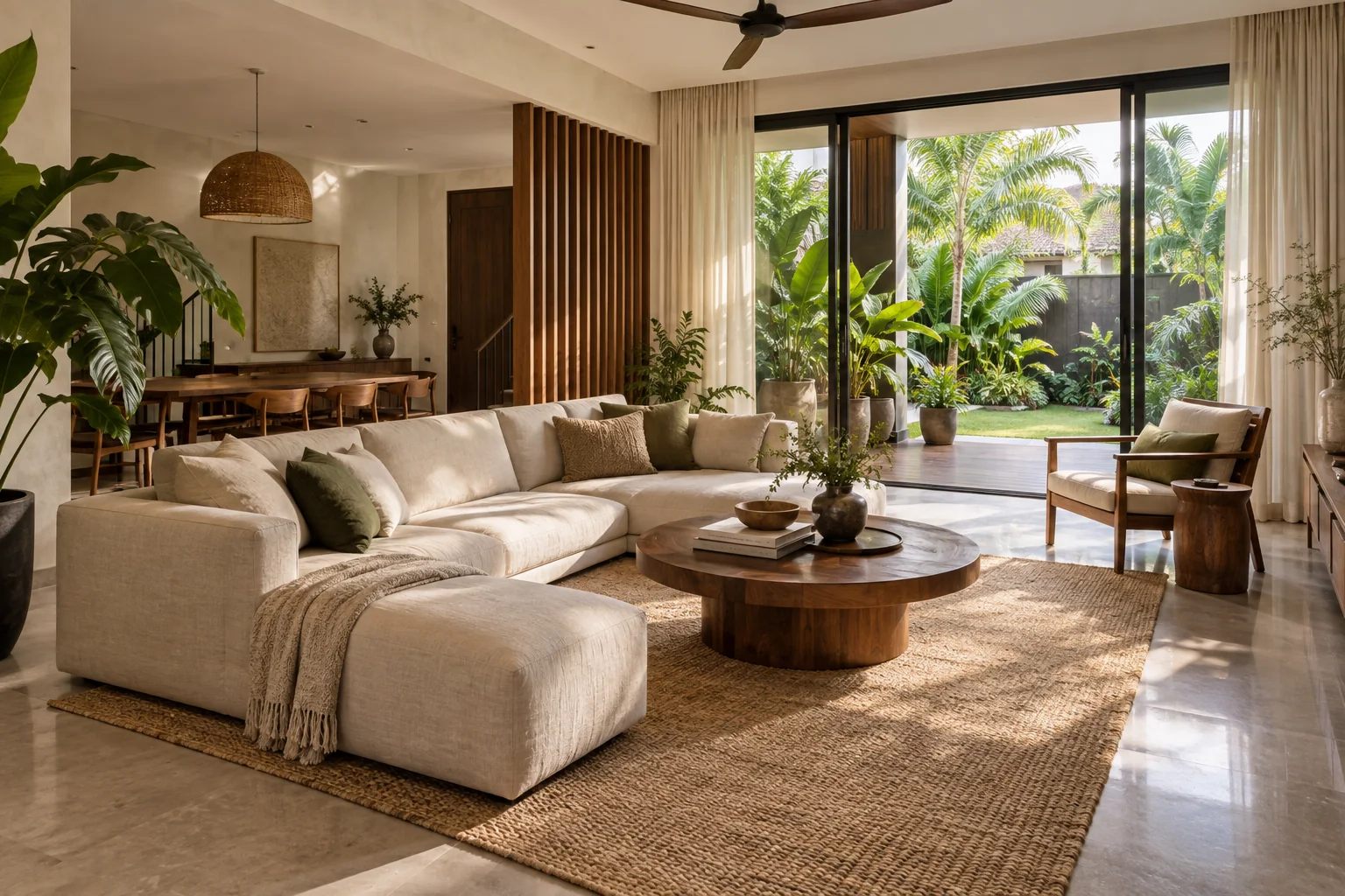 Ruang tamu rumah teres Malaysia dengan sofa linen dan kabinet walnut